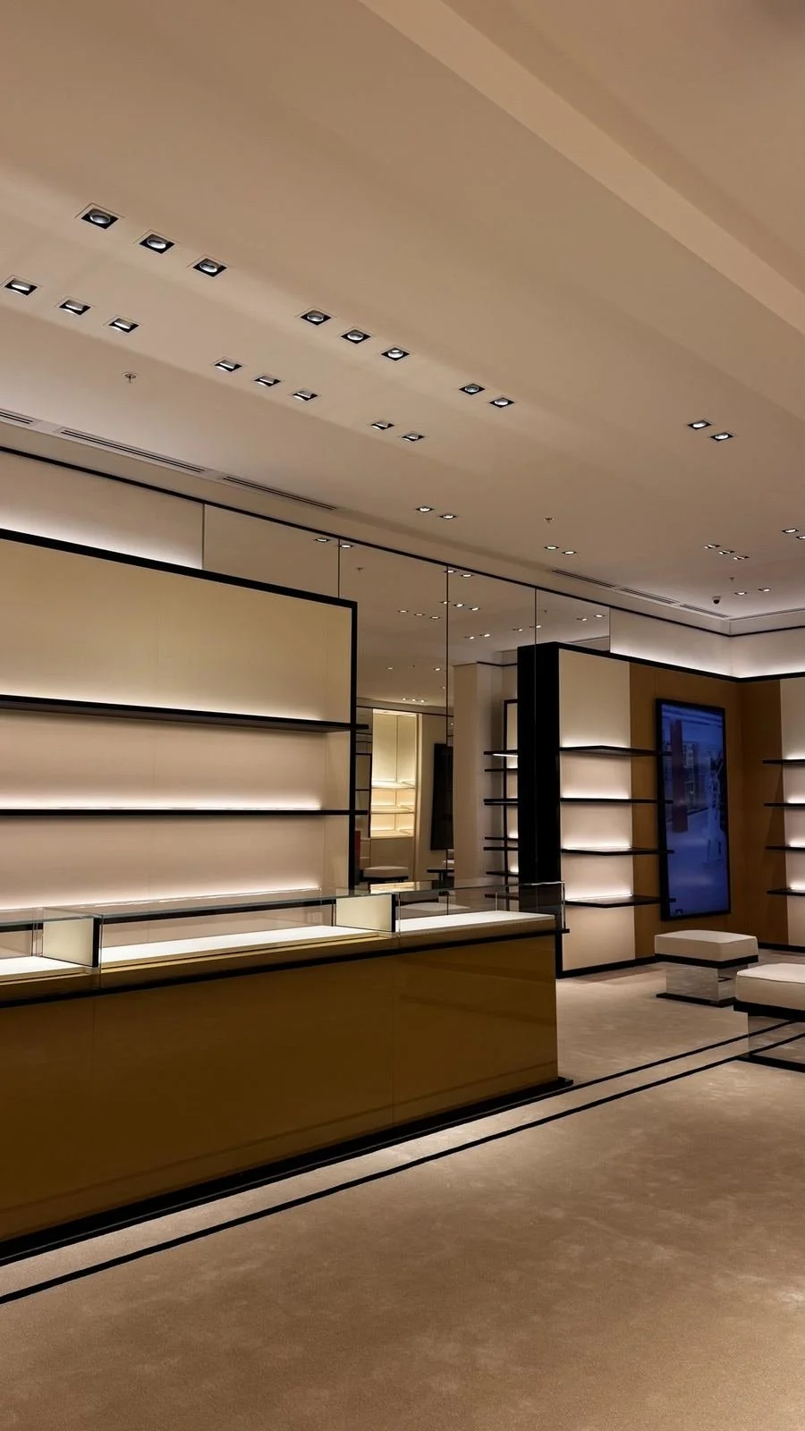 Lit wall shelving and display counter