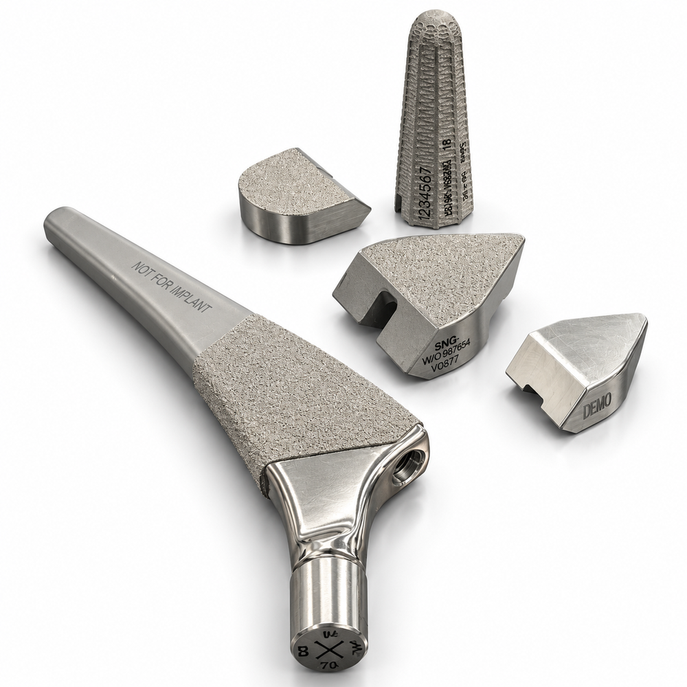 Machined orthopedic implant components, including a hip stem, made by UTP Solutions
