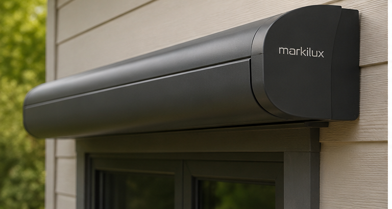 Enclosed cassette housing on a Markilux retractable awning protecting the fabric