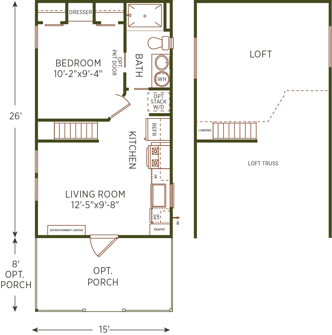 Lofted Ponderosa floor plan showing porch, living room, kitchen, bedroom, bathroom, and loft