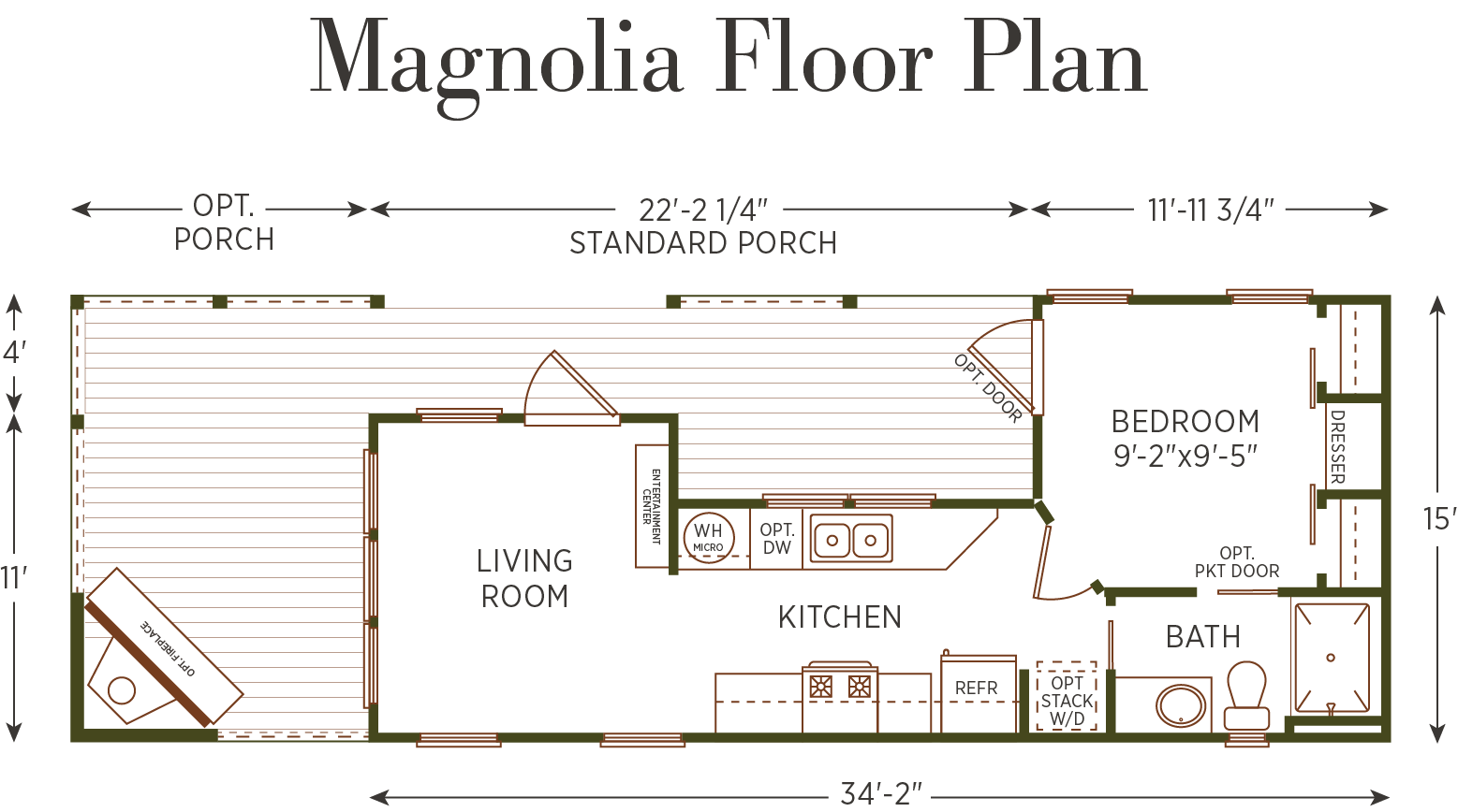Magnolia floor plan showing bedroom, bathroom, kitchen, dining area, and living room