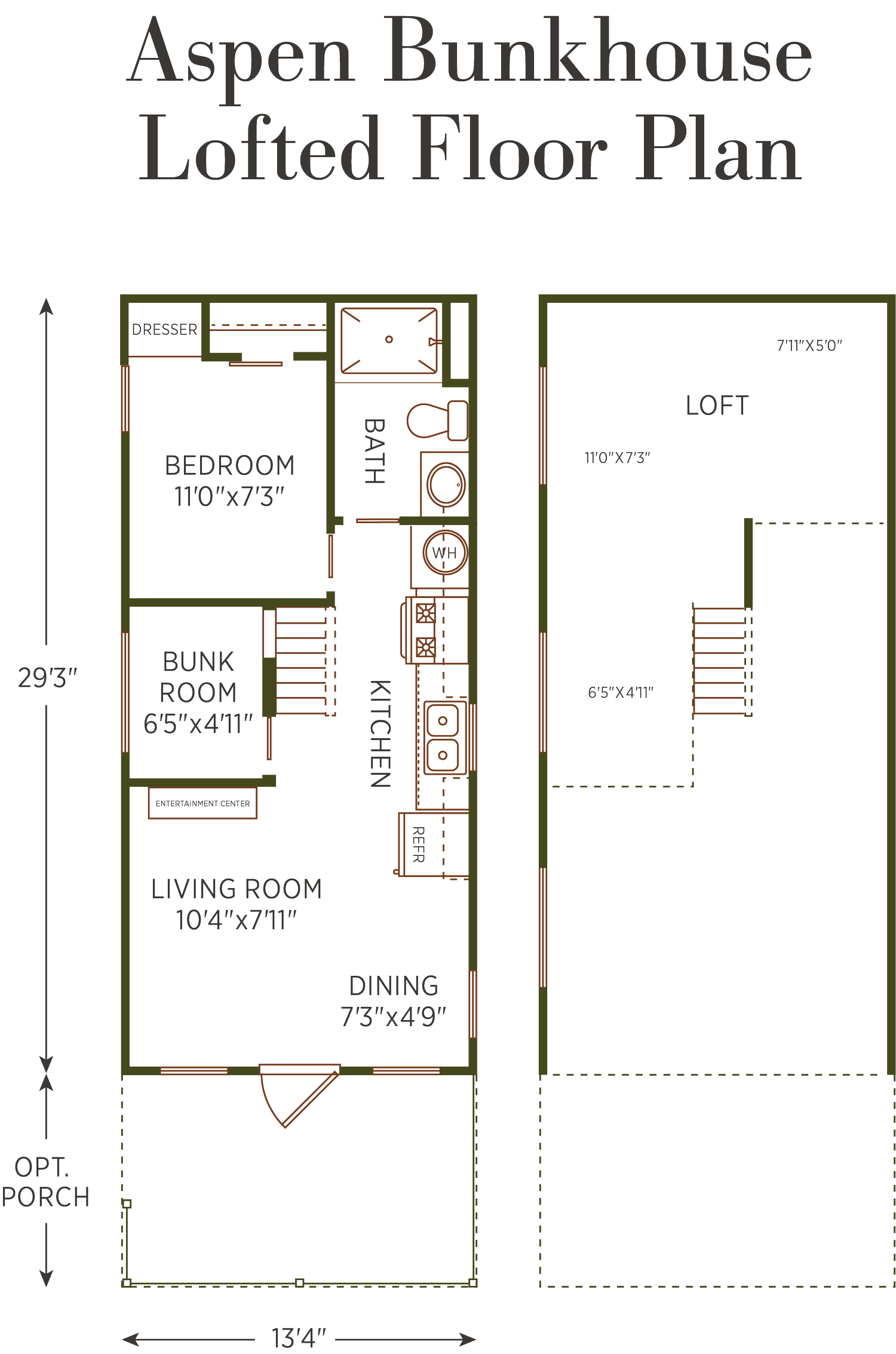 Aspen Bunkhouse floor plan showing living room, dining, kitchen, primary bedroom, bunk room, bathroom, and storage loft above
