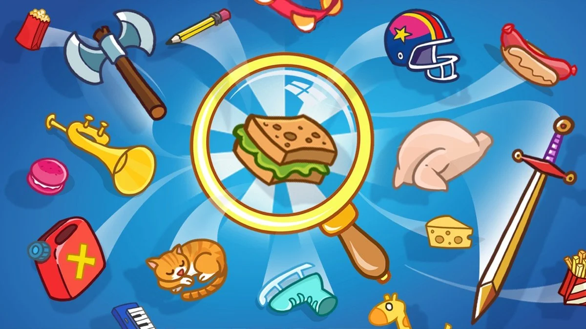 Hidden Object: a magnifying glass over a scattered set of items