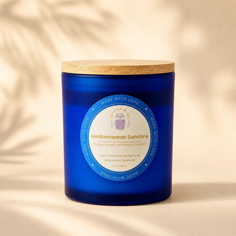 Mediterranean Sunshine coconut wax candle by Elysium Bliss, hand poured in Calgary