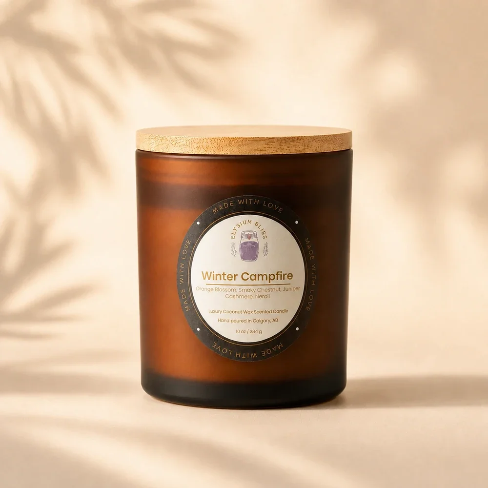 Winter Campfire coconut wax candle by Elysium Bliss, hand poured in Calgary