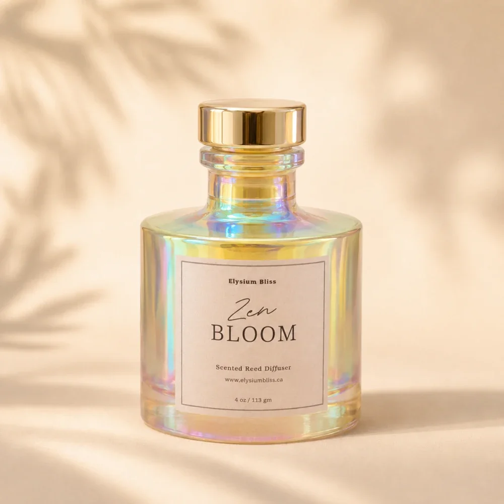 Elysium Bliss Zen Bloom scented reed diffuser — iridescent glass bottle with iridescent cap on a warm cream background with soft palm-frond shadow.