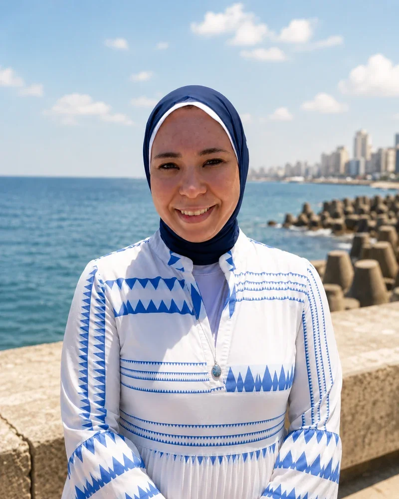 Sarah Refky Assaf, founder of Elysium Bliss, on the Mediterranean seafront in Alexandria, Egypt.