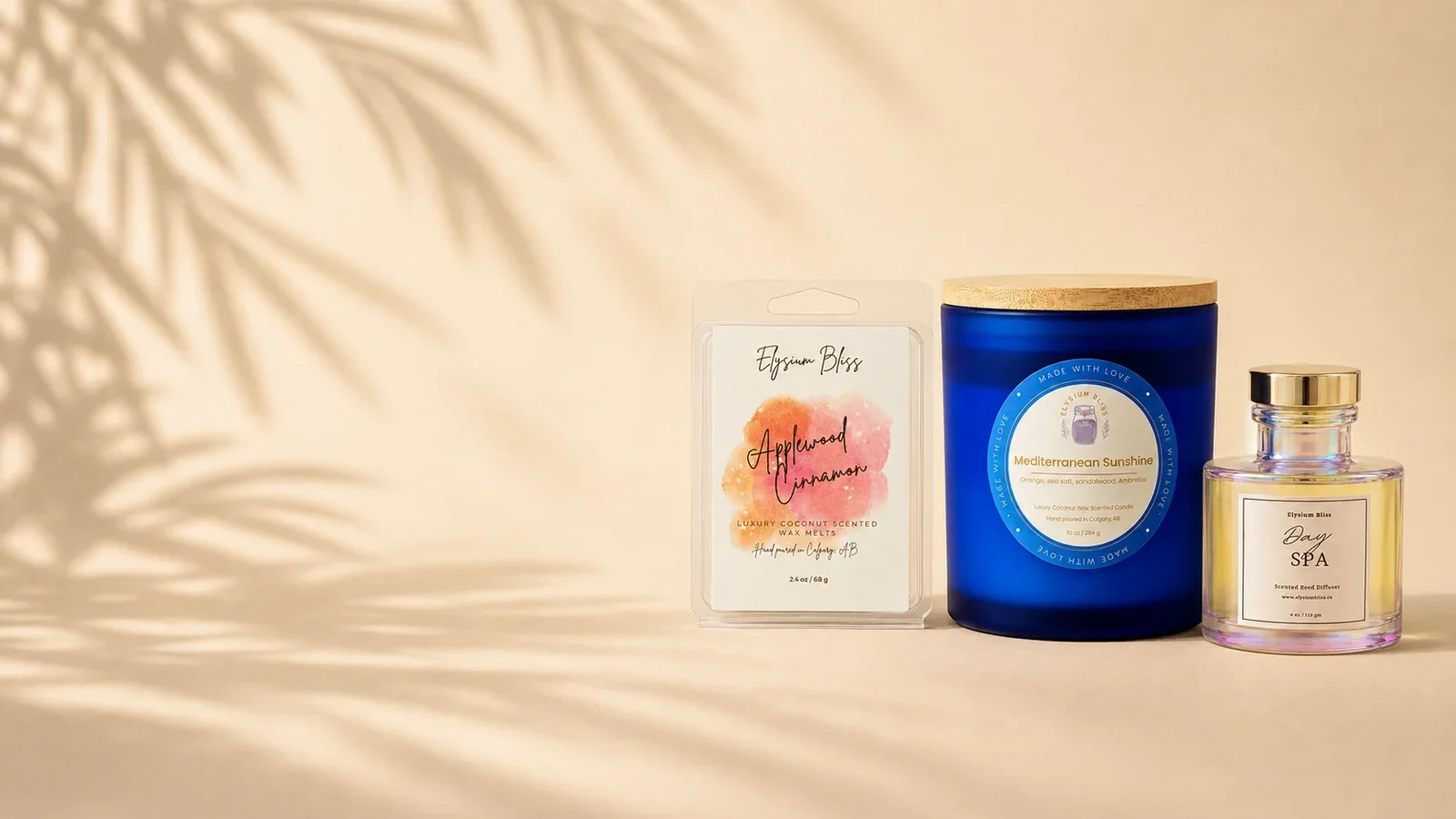 Elysium Bliss home fragrance: Applewood Cinnamon wax melts, Mediterranean Sunshine coconut wax candle and Day Spa reed diffuser