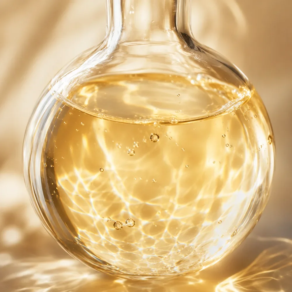 Stabilised oil-soluble vitamin C shown as a clear pale-gold serum in a glass laboratory flask