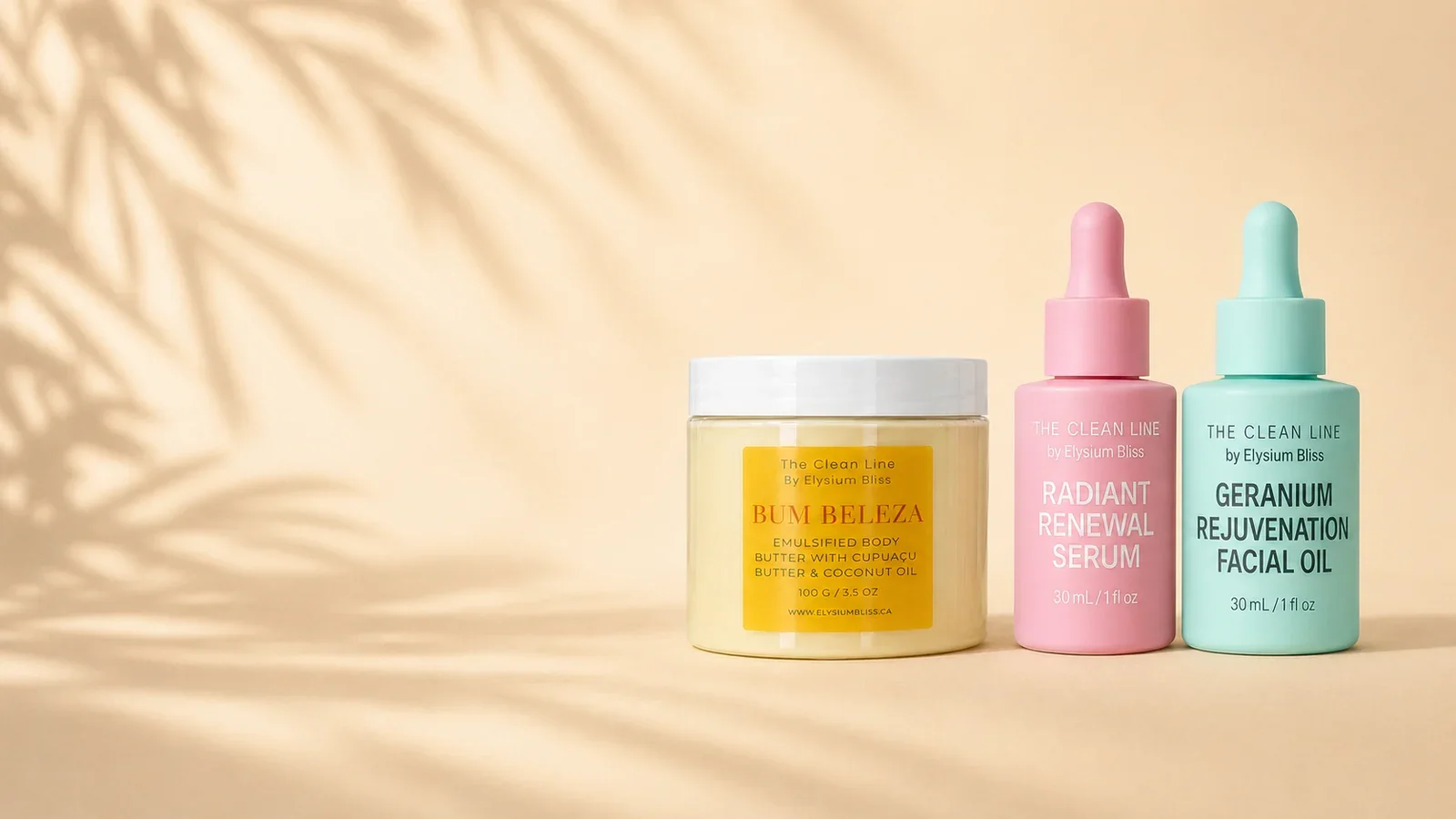 Elysium Bliss Clean Line skincare: Radiant Renewal Serum, Geranium Rejuvenation Facial Oil and Bum Beleza body butter