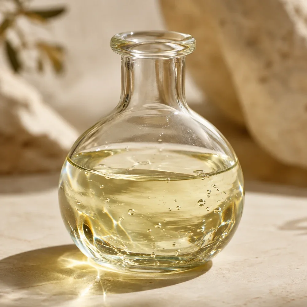 Geranium essential oil (Pelargonium graveolens), shown as a clear pale yellow oil in a glass flask