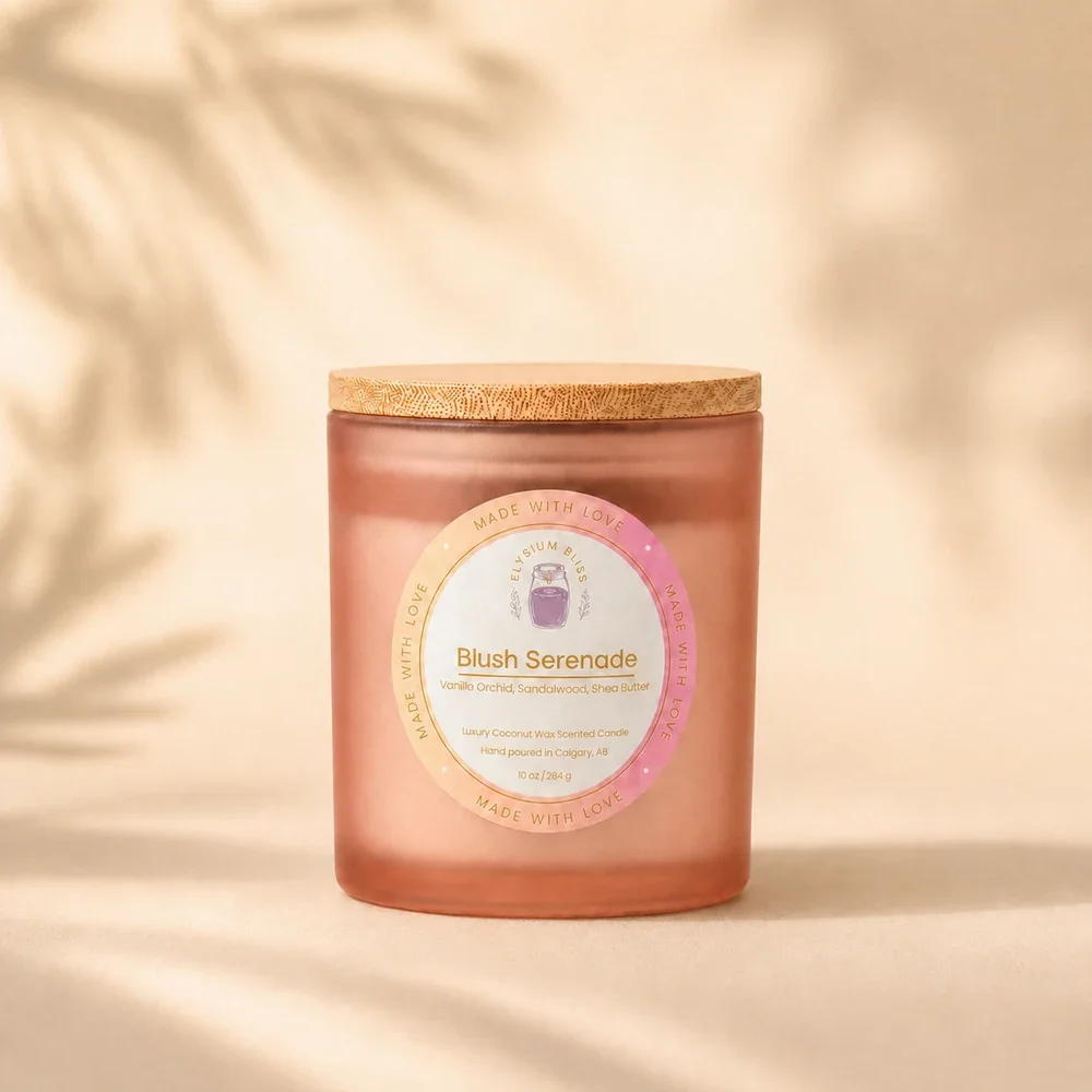 Blush Serenade coconut wax candle by Elysium Bliss, hand poured in Calgary