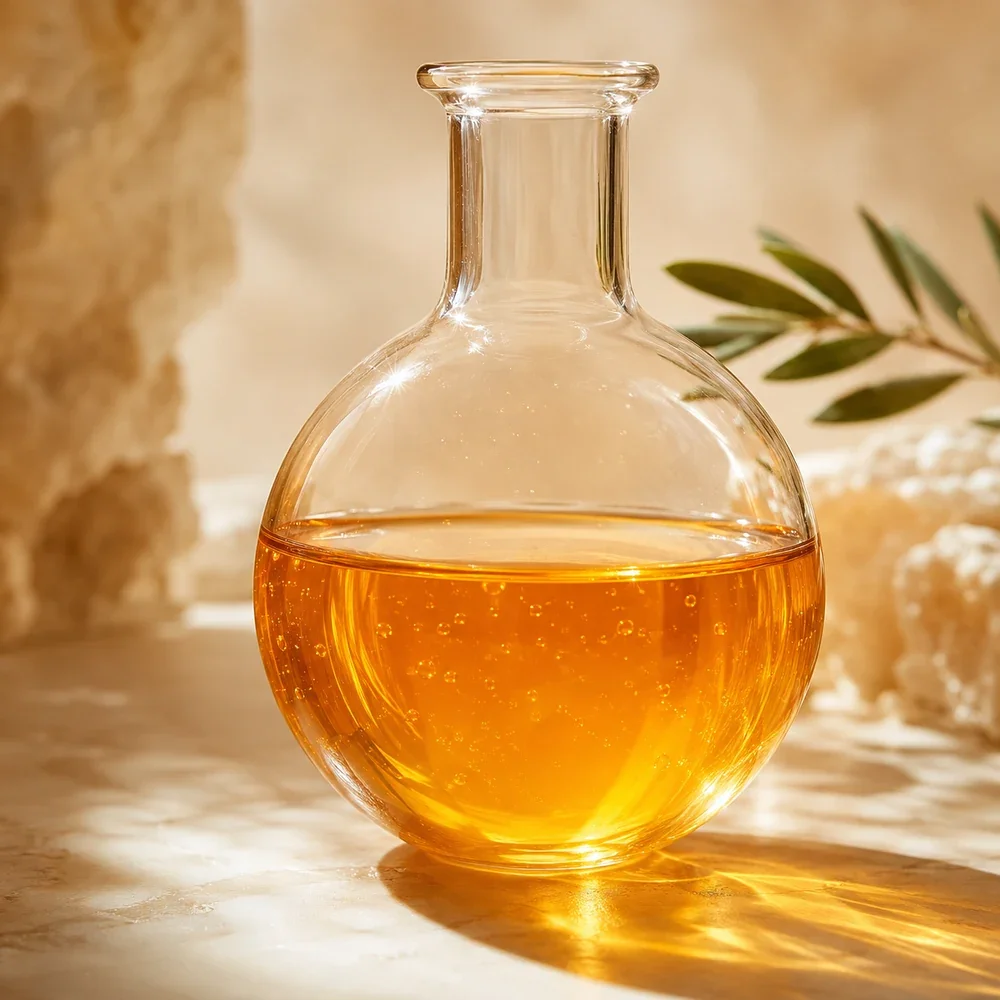 Rosehip Seed Oil (Rosa Canina), cold-pressed and rich in vitamins A and C, shown as a clear golden-orange oil in a glass flask