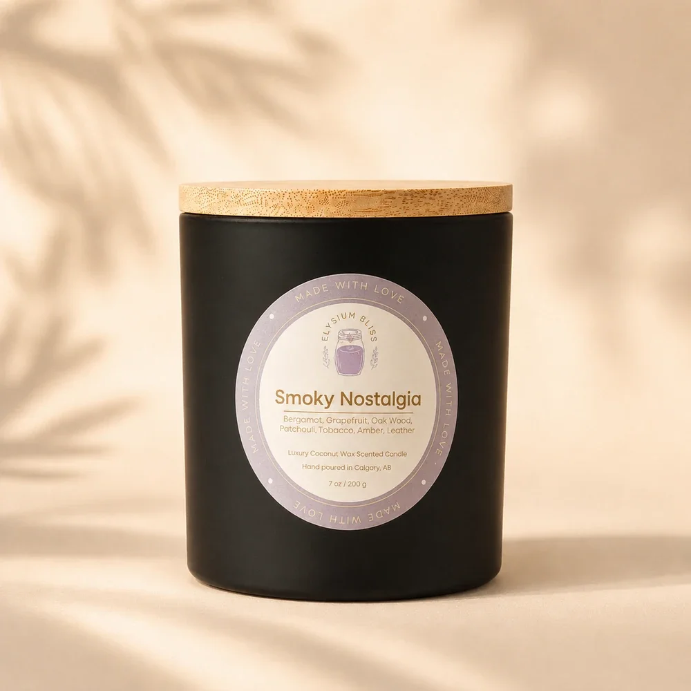 Smoky Nostalgia coconut wax candle by Elysium Bliss, hand poured in Calgary