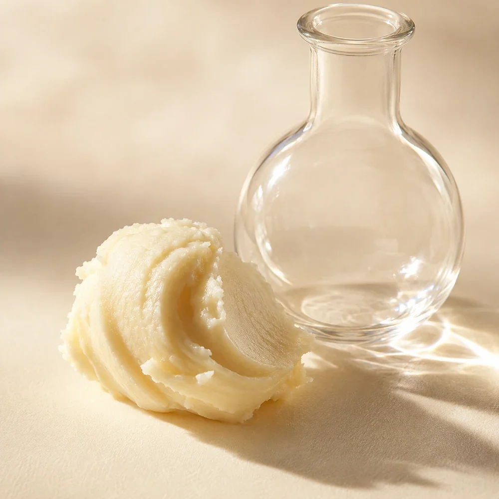 Cupuaçu butter (Theobroma grandiflorum), an Amazonian butter for deep hydration, shown as a scoop of ivory butter
