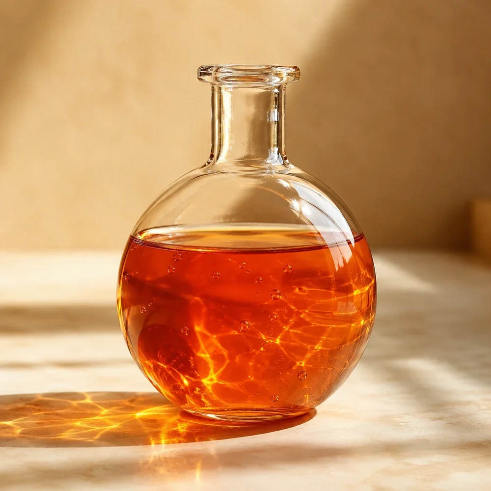 Carrot CO₂ oil (Daucus carota), an antioxidant-rich supercritical extract, shown as a deep golden-orange oil in a glass flask