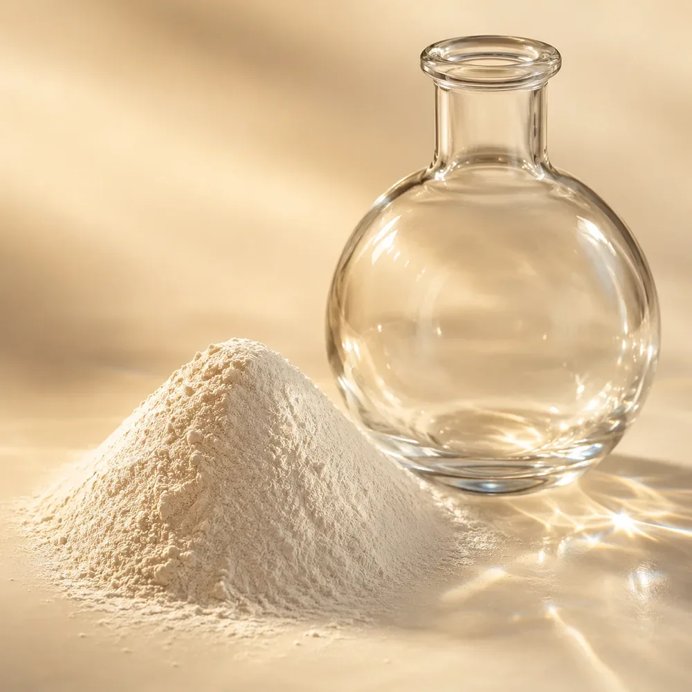 Kojic Acid Dipalmitate, an oil-soluble stabilised form of kojic acid, shown as fine off-white crystalline powder