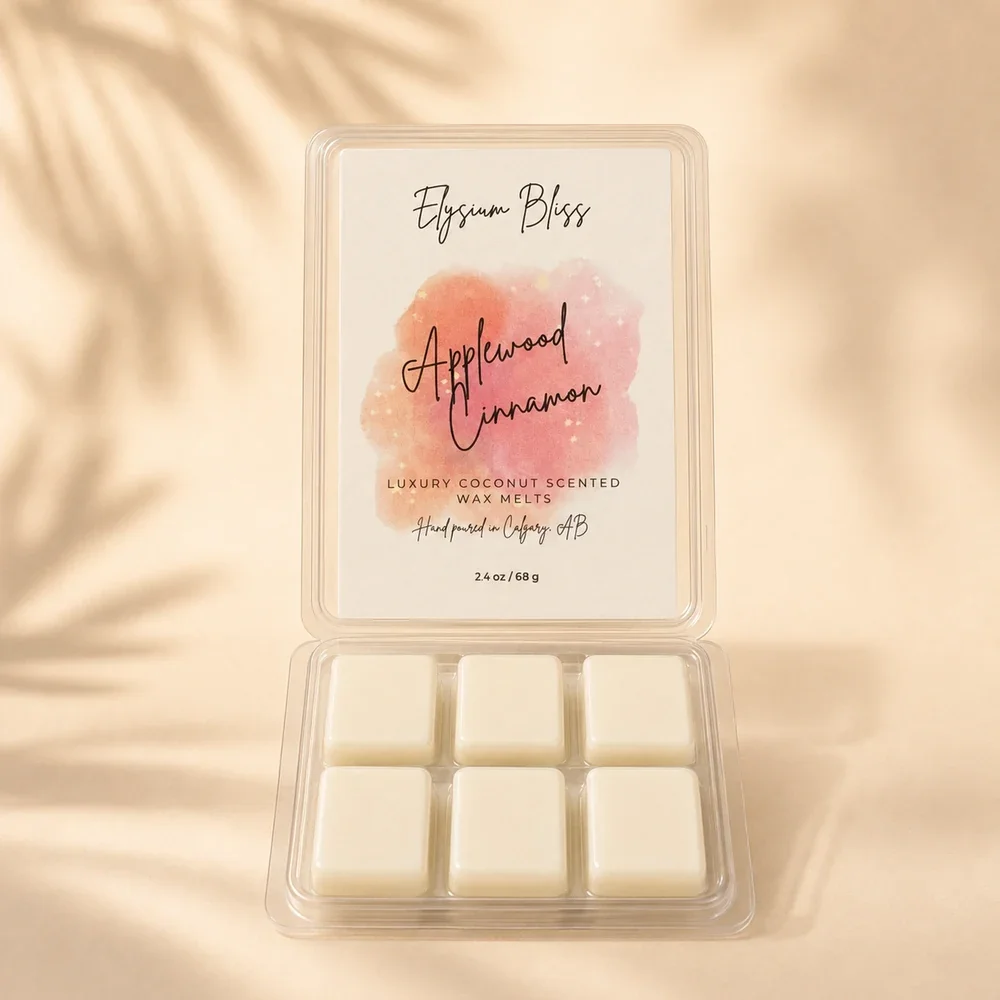 Applewood and Cinnamon coconut wax melts in an open clamshell