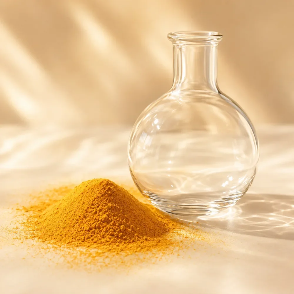 CoQ10 (Ubiquinone), an antioxidant coenzyme, shown as fine golden-amber crystalline powder