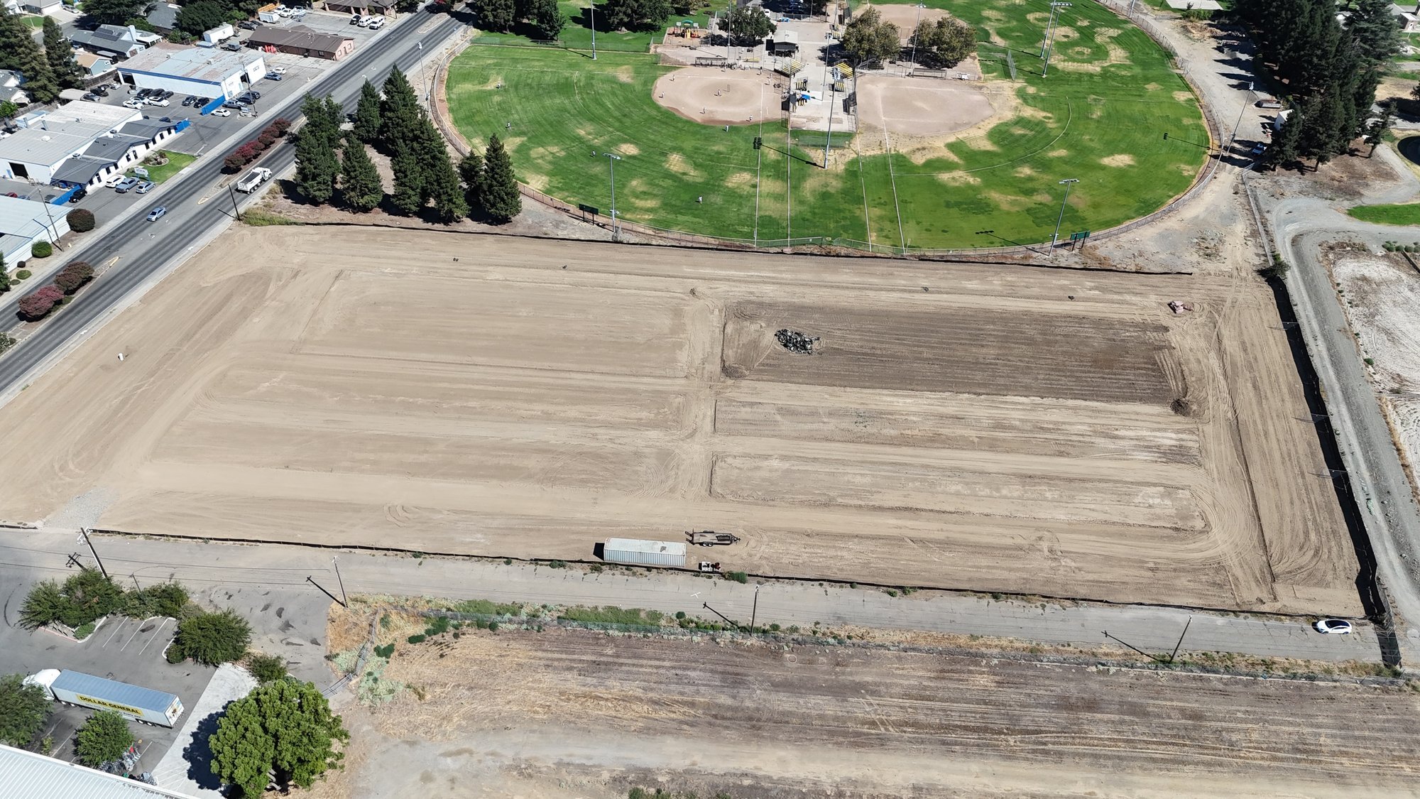 Aerial view of the graded 5-acre self-storage site in Yuba City, CA