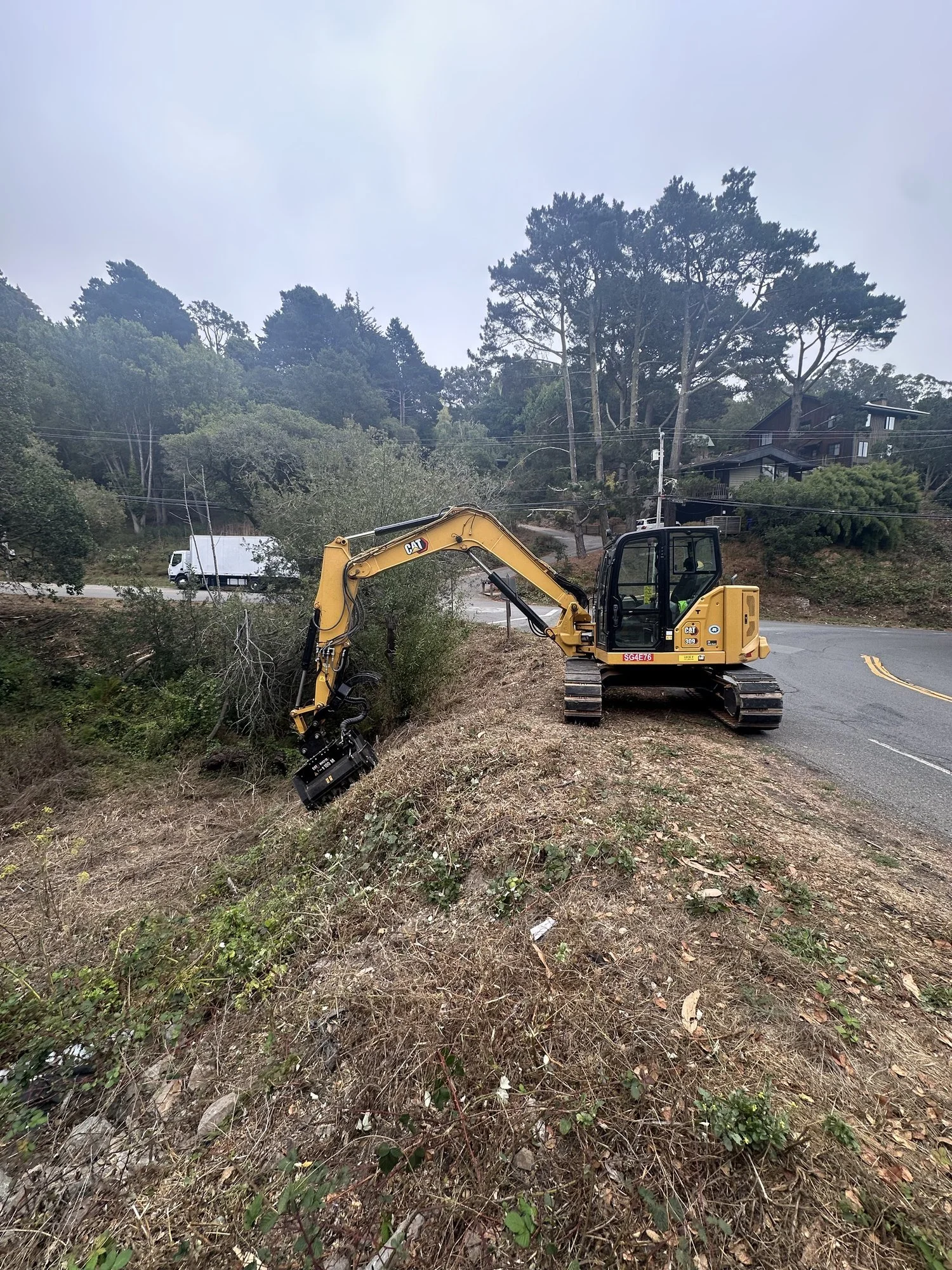Excavator with a masticator clearing an overgrown hillside in Mill Valley