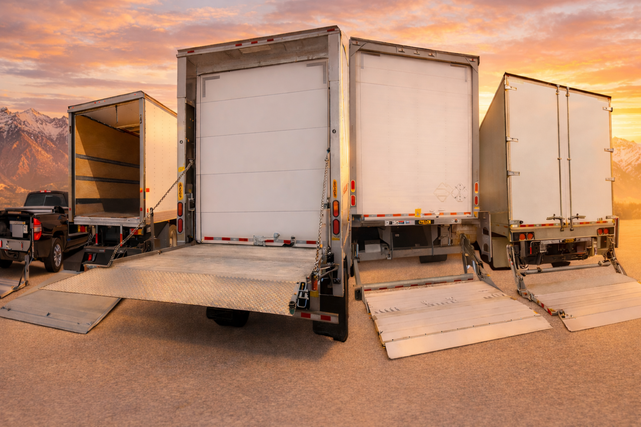 Maxon lift gates installed on commercial trucks and semi trailers at sunset