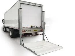 Commercial box truck with Maxon lift gate platform lowered for unloading