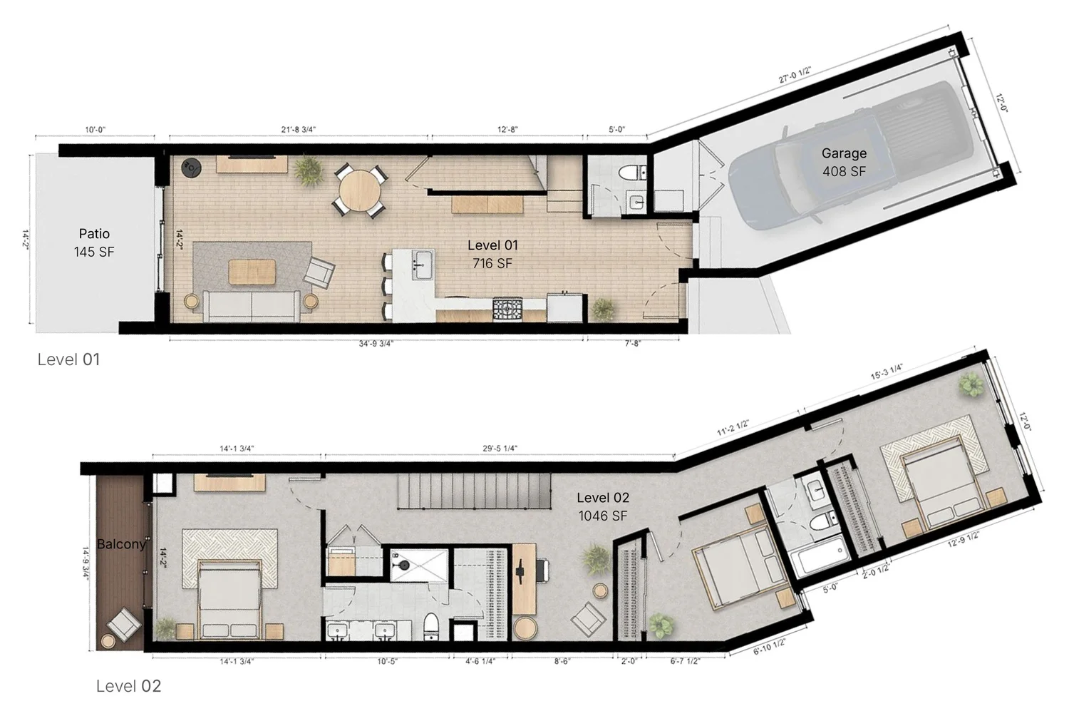 3BR West floor plan, levels 1 and 2