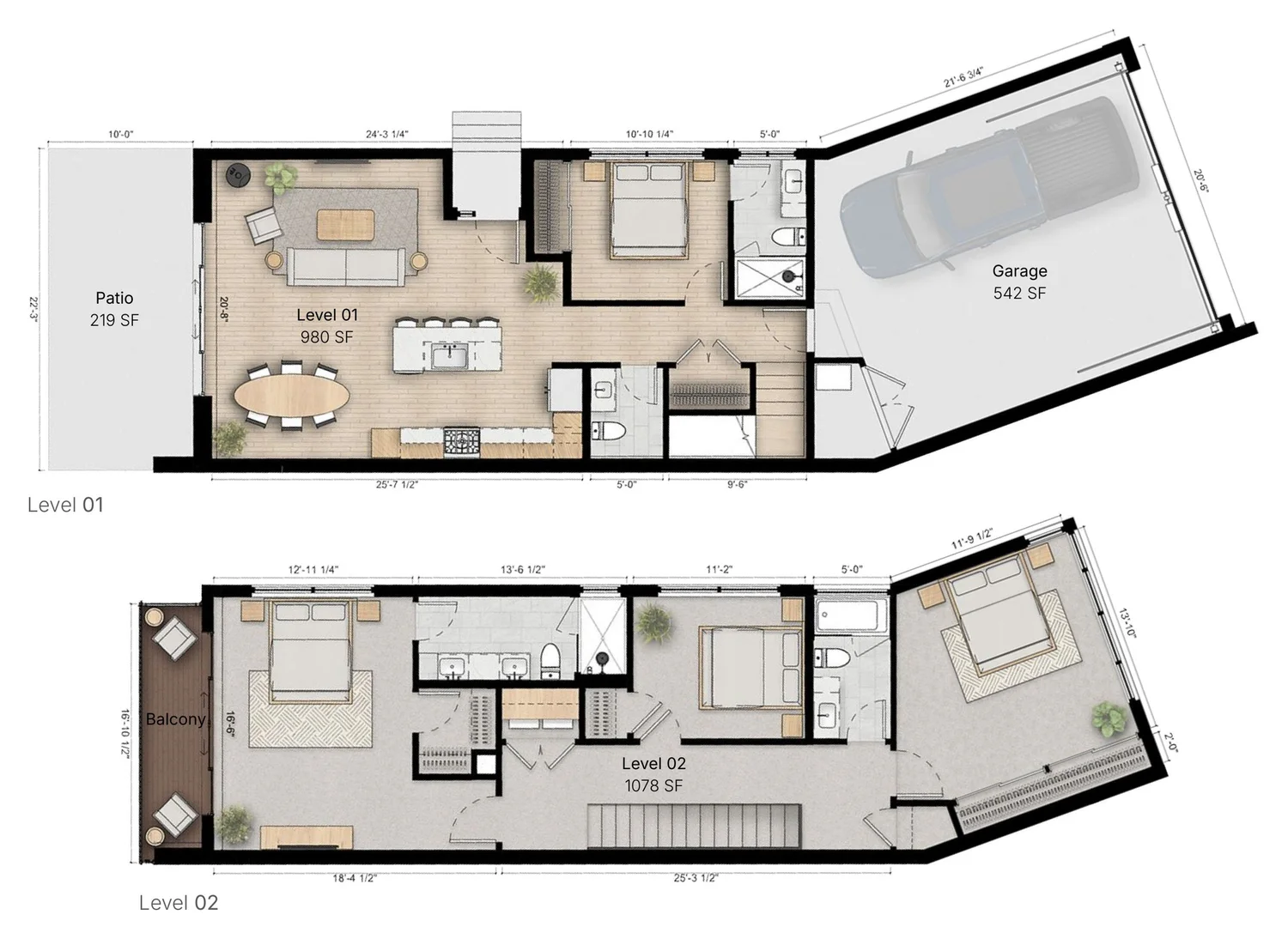 4BR West floor plan, levels 1 and 2