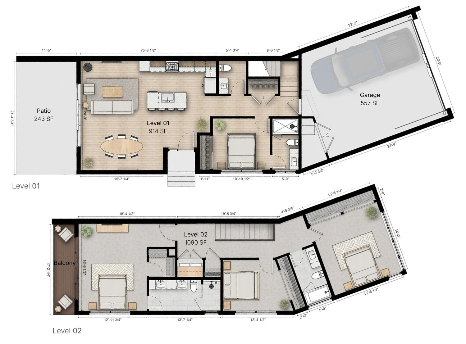 4BR East floor plan, levels 1 and 2