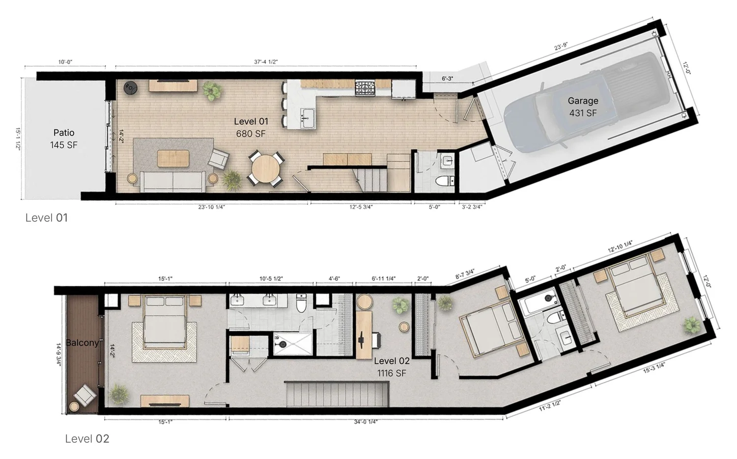 3BR East floor plan, levels 1 and 2