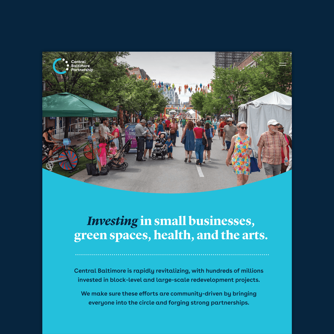 Preview of the Central Baltimore Partnership website, design, branding by Moon Design