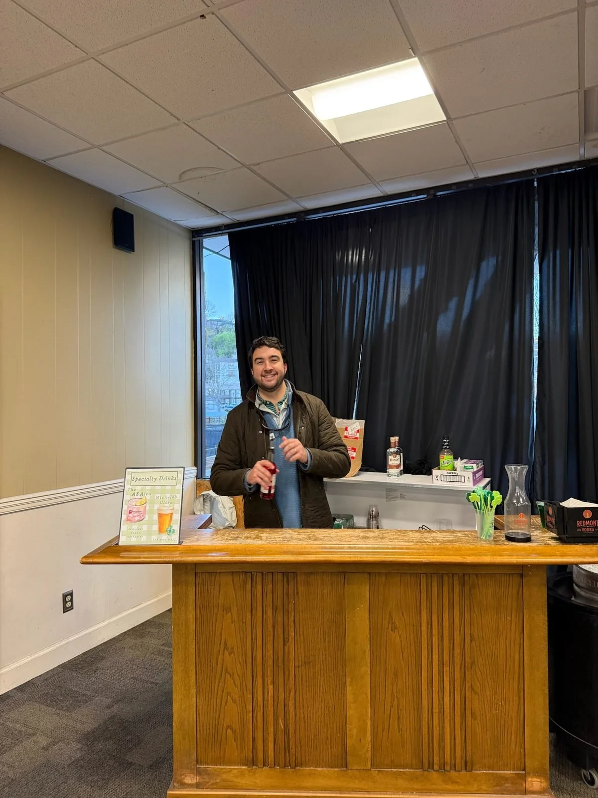 Behind the bar at the clubhouse