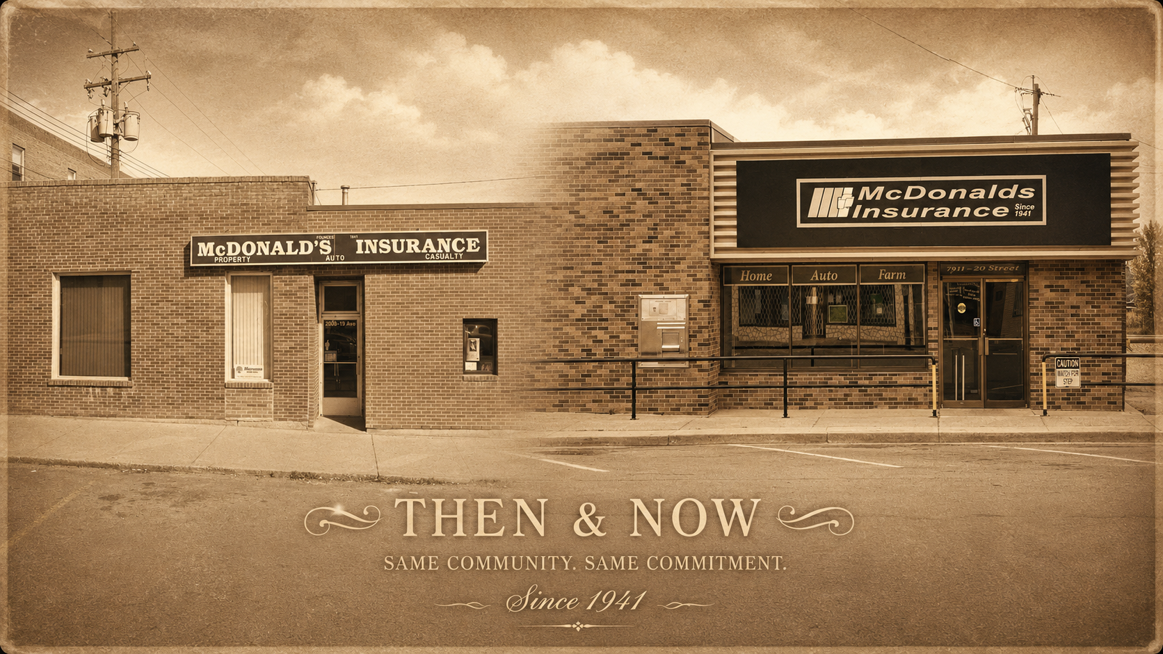 Pencil illustration showing the historic and present-day McDonalds Insurance offices