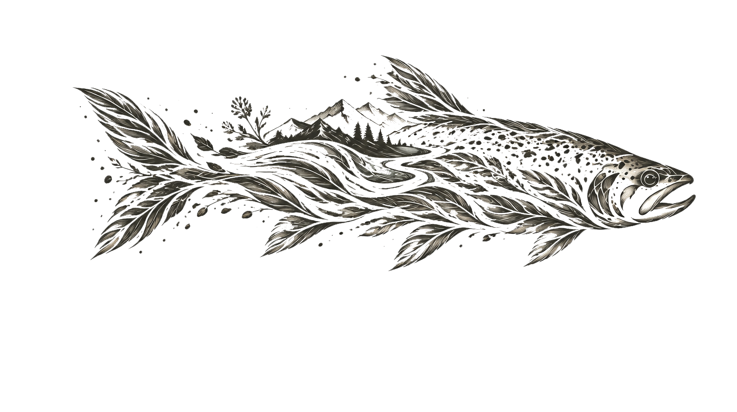 The RISE signature trout artwork, featuring mountains, rivers, and wilderness
