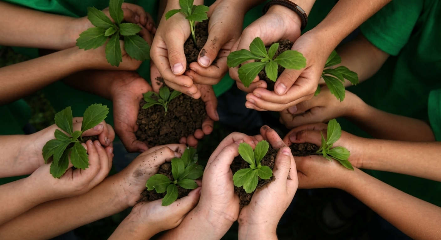 A hand cupping fresh soil beside a newly sprouted seedling