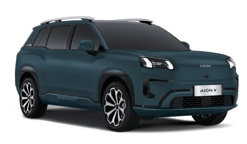 GAC AION V azul en vista frontal tres cuartos, SUV eléctrico con diseño robusto y moderno