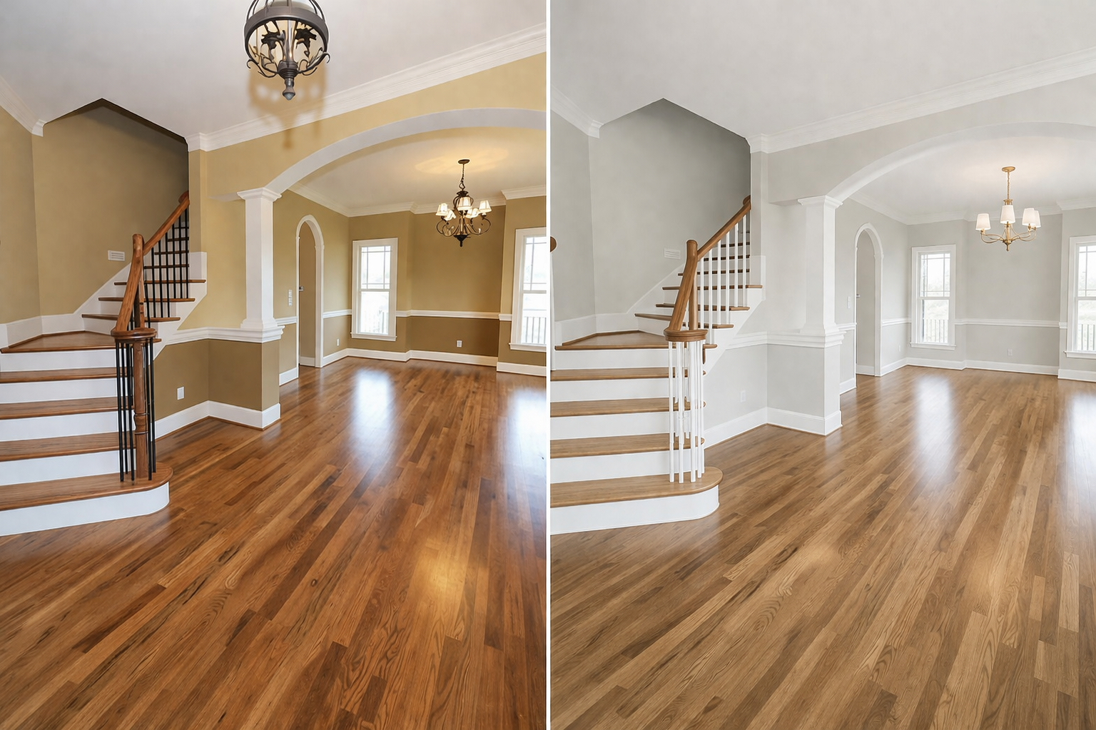 Freshly painted open living room with crisp white trim and staircase