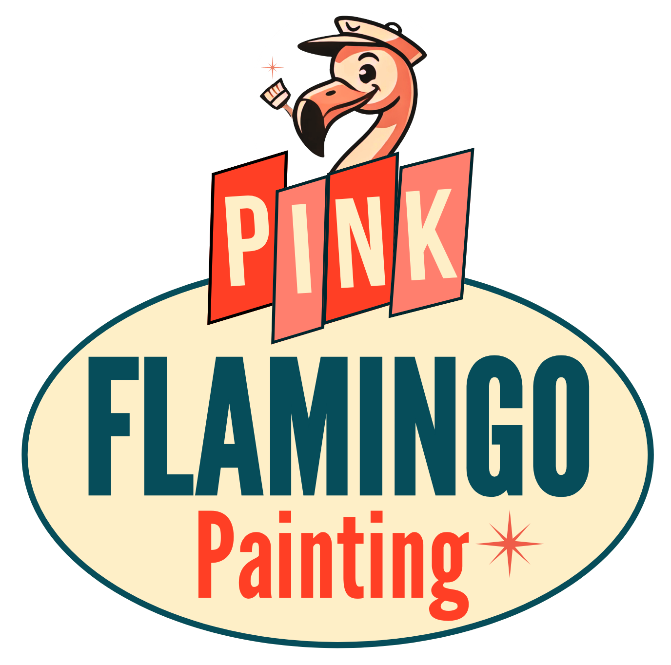 Pink Flamingo Painting logo with a painter flamingo and retro sign