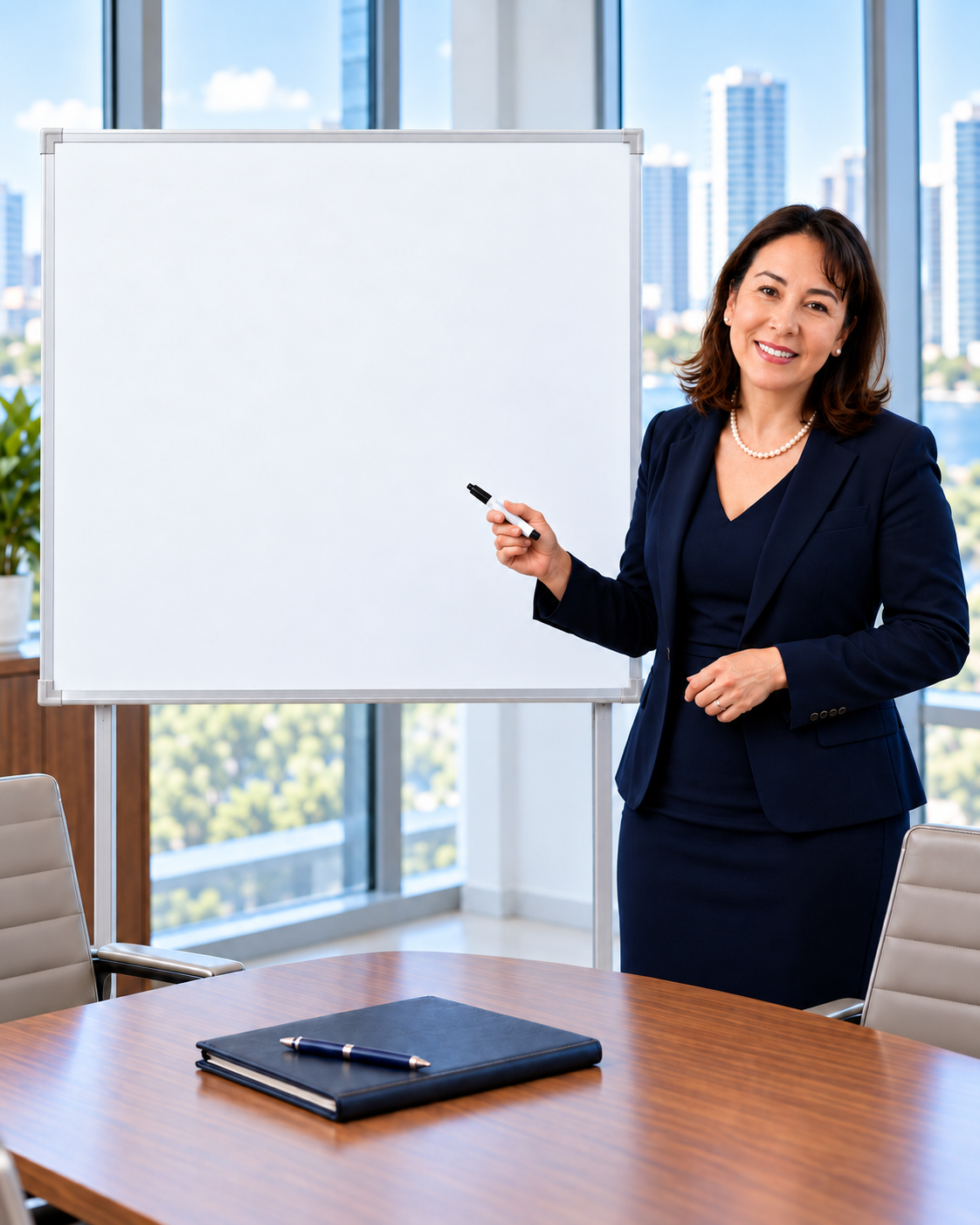 Claudia explains a visual plan to a client beside an office whiteboard