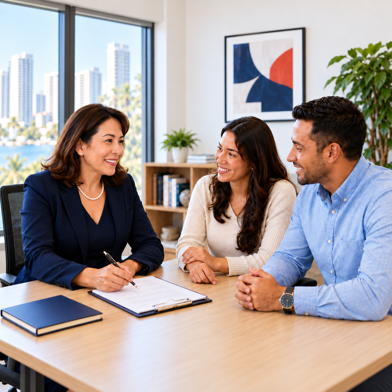 Claudia meets with a couple in a bright office