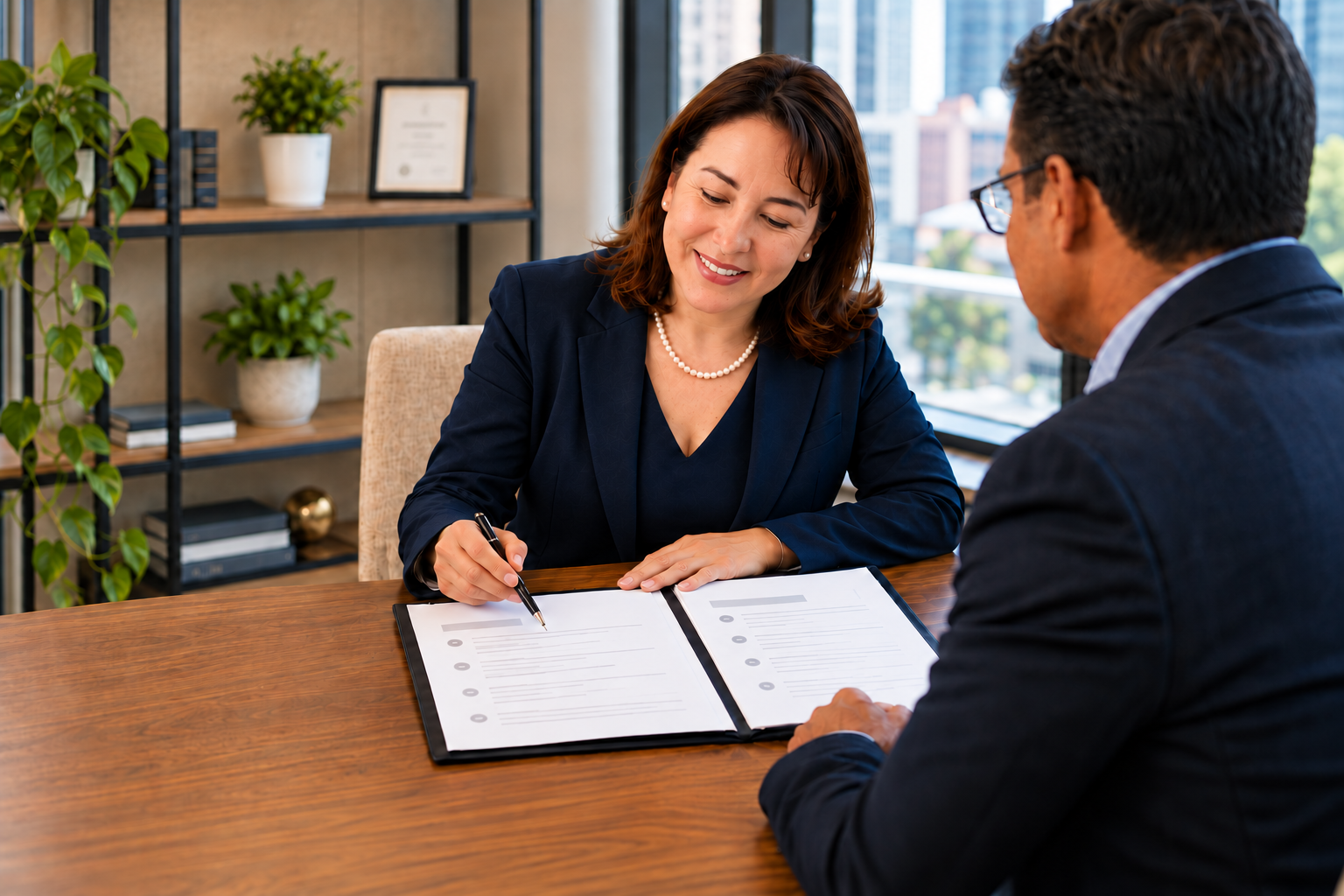 An advisor reviews documents with a client in a bright office