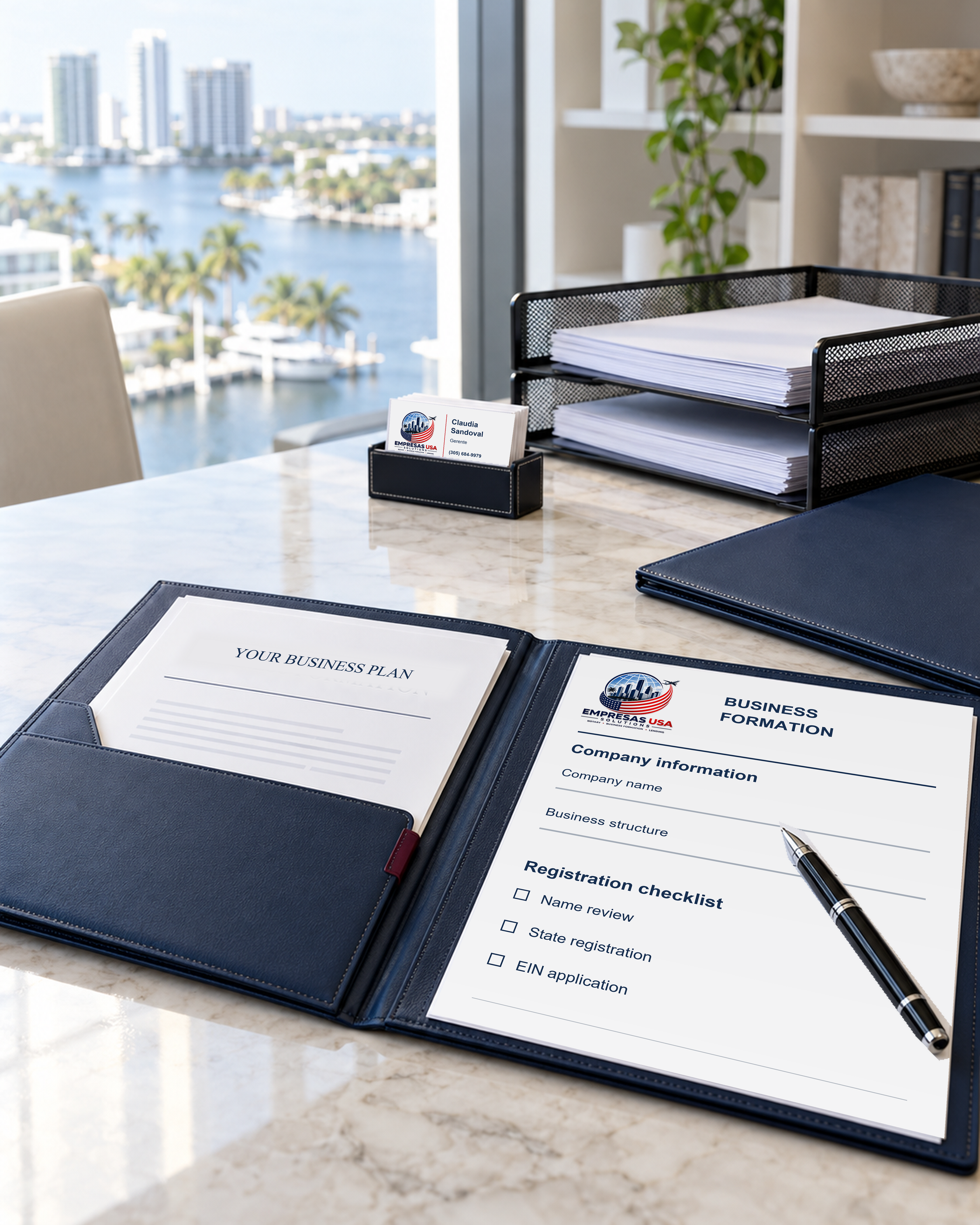 Organized business formation paperwork, navy portfolio, filing trays and pen on a bright office desk