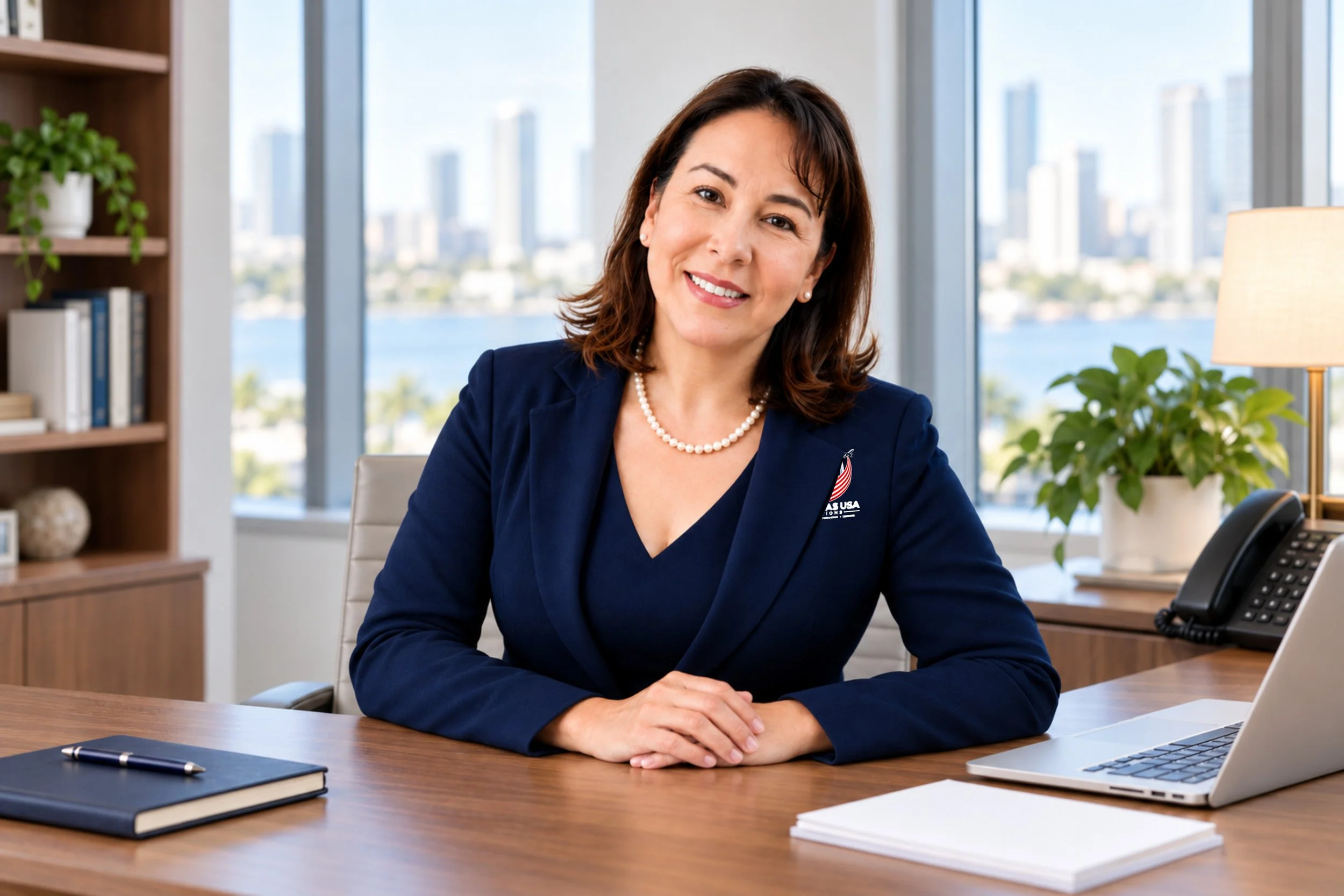 Claudia Sandoval in a bright office, wearing a navy blazer