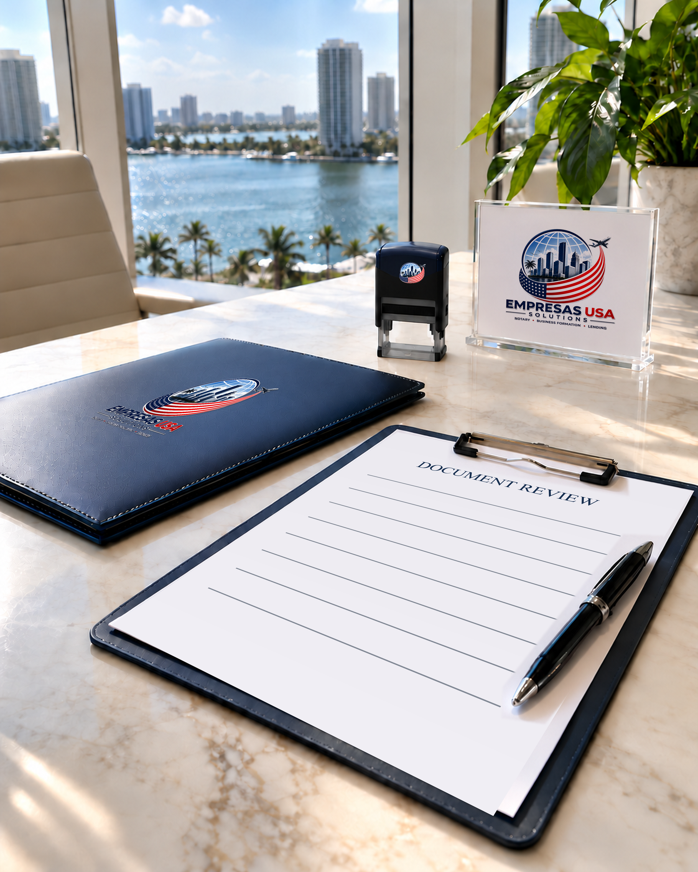 Notary stamp, document clipboard and navy folder in a bright office