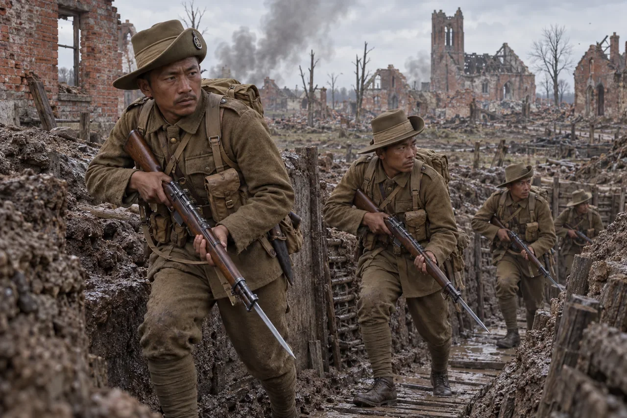 Gurkha infantry in khaki and slouch hats move through a trench near ruined brick buildings.