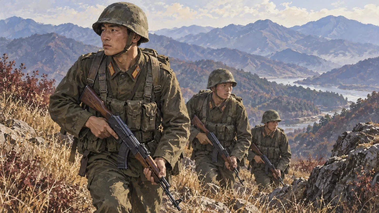 Illustration of three soldiers walking through mountainous terrain with rifles carried low.