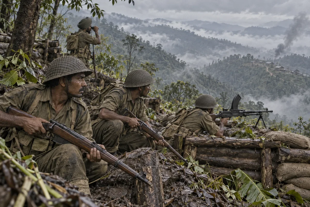 Illustration of Indian Army soldiers in wooded hill positions during the Imphal and Kohima campaign.