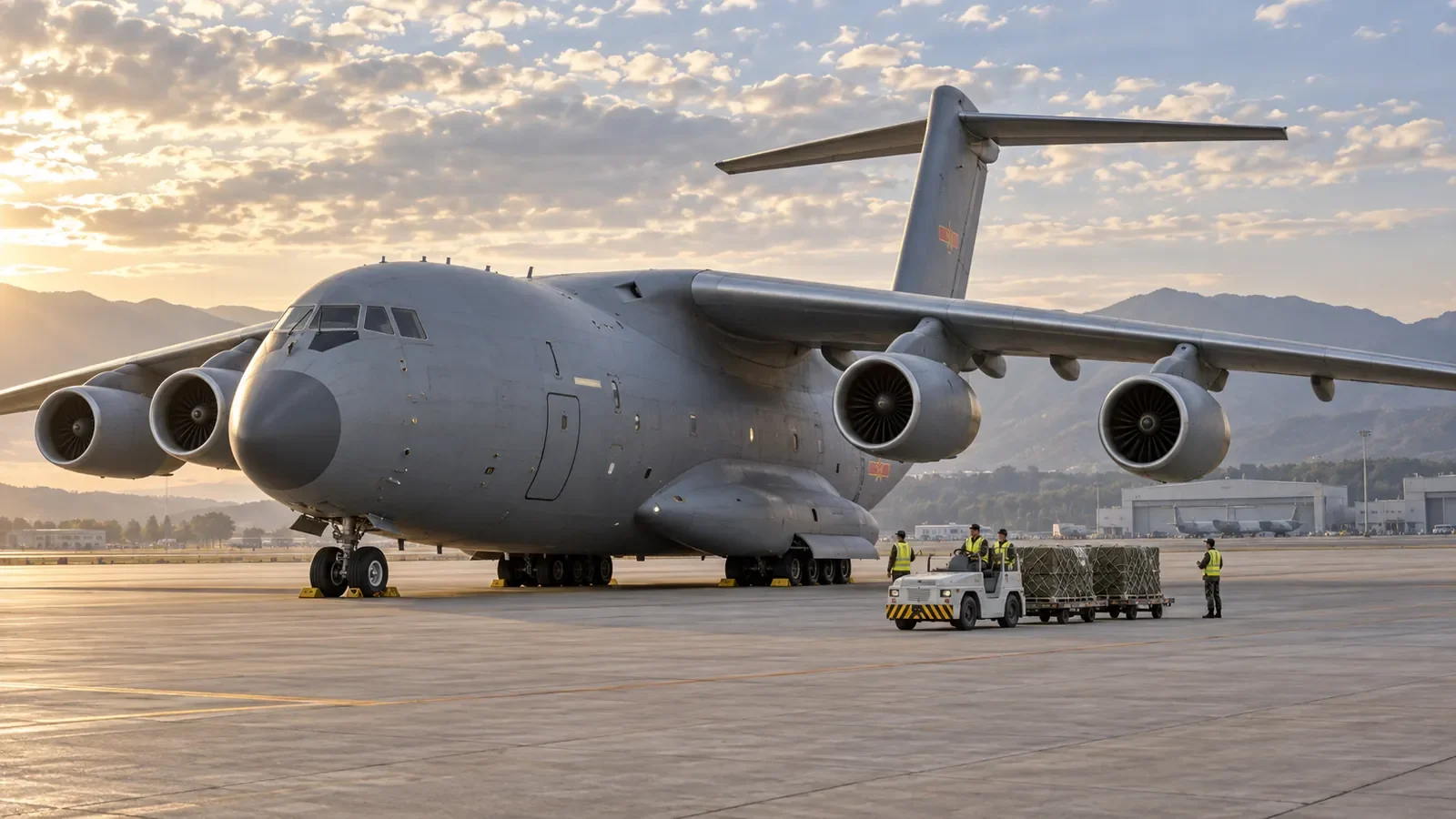 Illustration of a Chinese Y-20 strategic transport aircraft supporting military logistics