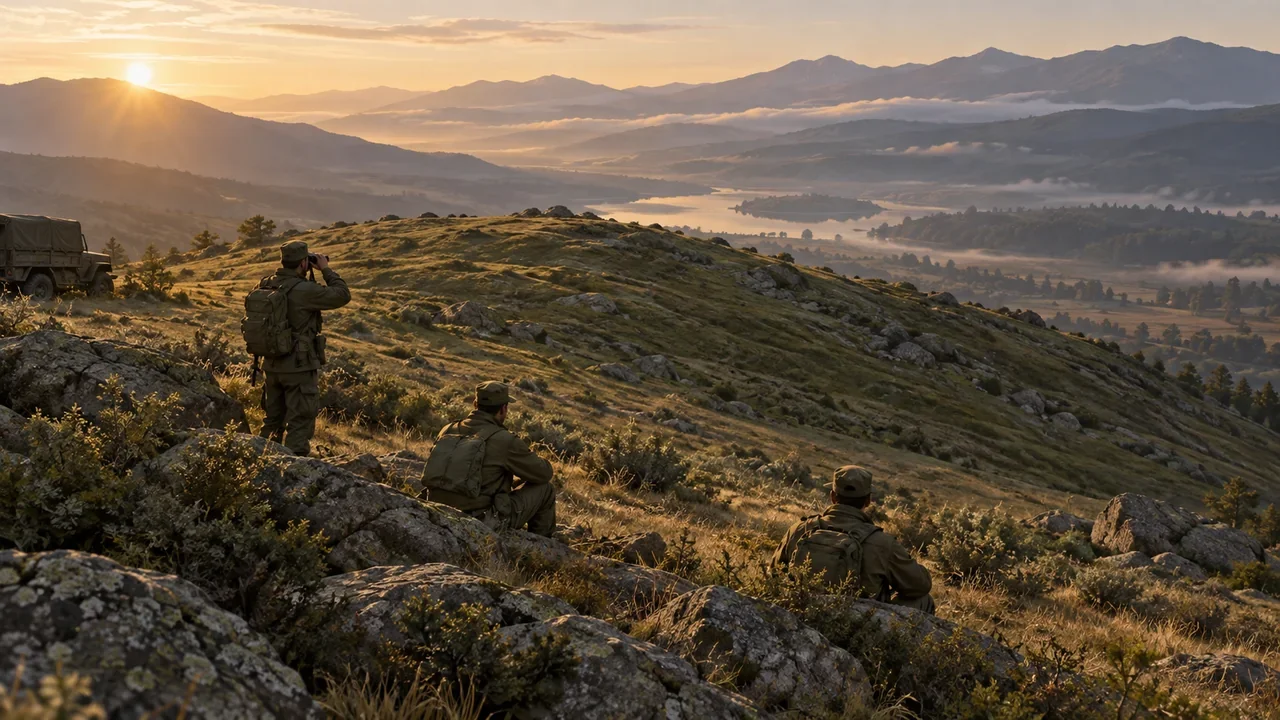 Conceptual illustration of personnel sheltered on the near side of a grassy hill crest.